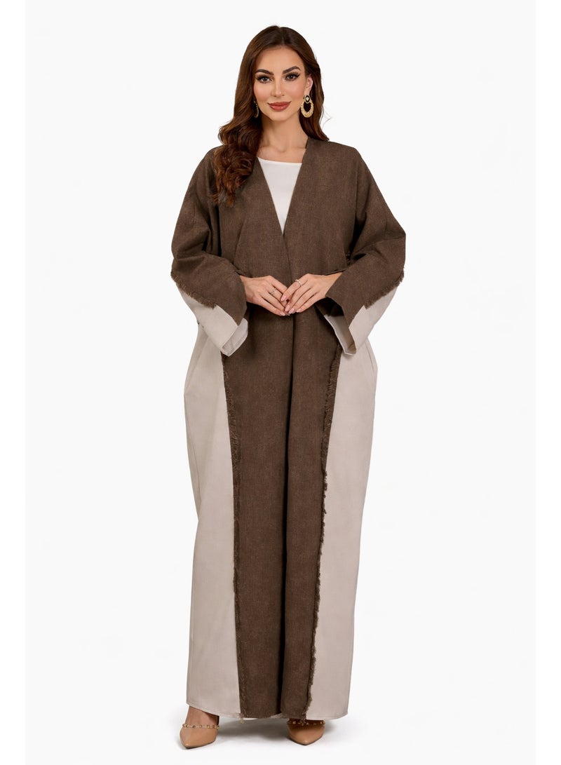 SHOWDAY Women’s Open Front Abaya Cardigan, Two Tone Long Kimono Kaftan with Belt & Pockets, Modest Maxi Outerwear for Daily Wear, Ramadan & Eid - Image 1